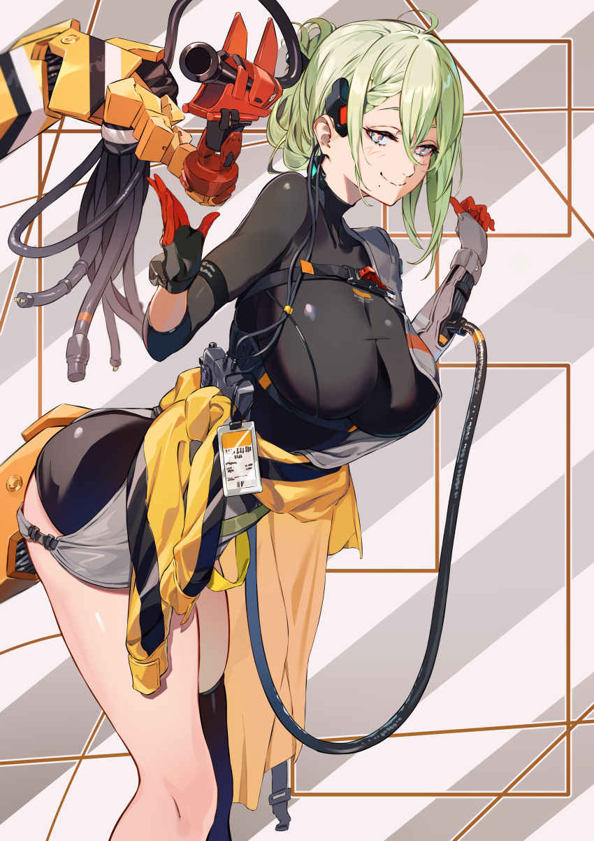 absurdres ahoge black_bodysuit black_thighhighs bodysuit braid breasts cable clothes_around_waist cross-shaped_pupils de_lacey_(girls'_frontline_nc) french_braid girls'_frontline girls'_frontline_neural_cloud gloves green_hair hand_up highres ibaraki_shun id_card large_breasts leaning_forward mechanical_arms mechanical_tail mole mole_under_mouth multicolored_eyes shorts single_mechanical_arm single_thighhigh smile symbol-shaped_pupils tail thighhighs updo