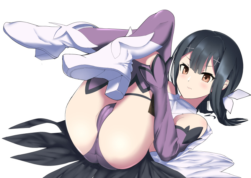 1girl ass black_hair blush cameltoe fate/grand_order fate/kaleid_liner_prisma_illya fate_(series) feather_hair_ornament feathers hair_ornament hairclip highres hugging_own_legs knees_to_chest knees_up koucha_maru leotard long_hair lying magical_girl miyu_edelfelt on_back purple_leotard purple_sleeves shiny shiny_hair simple_background solo white_background
