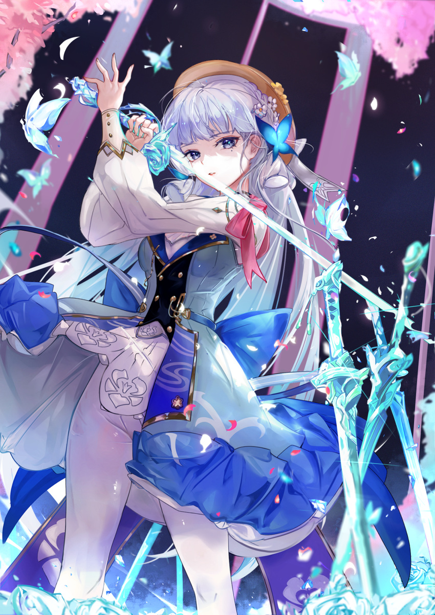 1girl blue_dress blue_eyes dress genshin_impact hair_behind_ear highres holding holding_sword holding_weapon kamisato_ayaka kamisato_ayaka_(springbloom_missive) looking_at_viewer mole mole_under_eye multicolored_clothes multicolored_dress official_alternate_costume pantyhose solo sword vardan weapon white_hair white_pantyhose