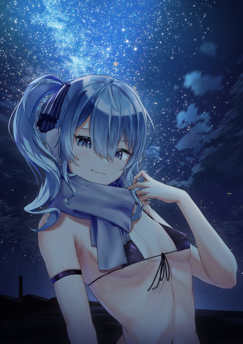 1girl absurdres arm_strap bikini blue_eyes blue_hair breasts closed_mouth cloud commentary_request covered_nipples front-tie_bikini_top front-tie_top hair_between_eyes hair_ribbon hand_up highres hololive hoshimachi_suisei looking_at_viewer navel night night_sky outdoors ribbon scarf side_ponytail sky small_breasts solo star_(sky) star_(symbol) star_in_eye starry_sky swimsuit symbol_in_eye t_oaru underboob upper_body virtual_youtuber wavy_hair
