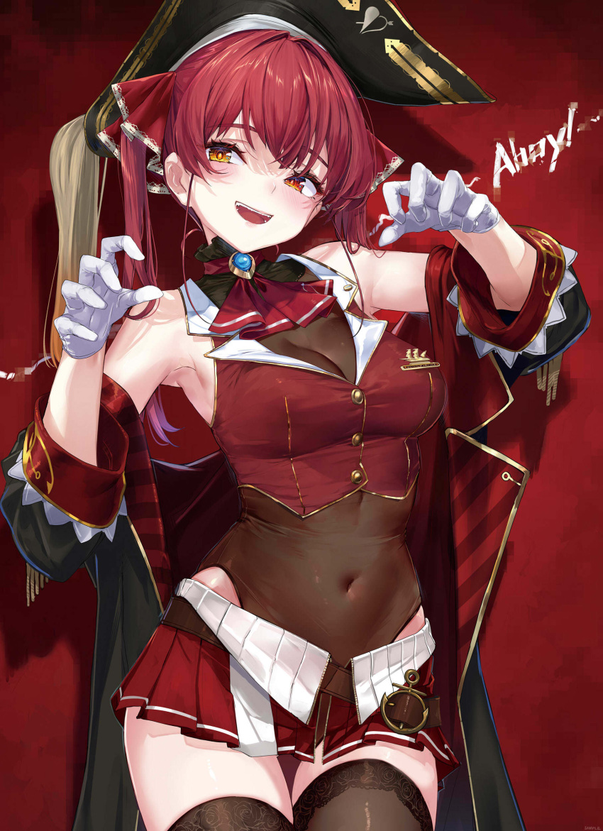1girl absurdres akasaai armpits arrow_through_heart ascot bangs bare_shoulders belt bicorne black_choker black_coat black_headwear black_thighhighs breasts brooch brown_belt buttons choker claw_pose cleavage coat commentary commentary_request covered_navel cowboy_shot cropped_jacket english_commentary frilled_choker frilled_shirt_collar frills gloves gold_trim hair_ribbon hands_up hat heterochromia highres hololive houshou_marine jacket jewelry lace-trimmed_legwear lace_trim lapel_pin lapels large_breasts leather_belt leotard leotard_under_clothes long_hair looking_at_viewer miniskirt mixed-language_commentary notched_lapels off_shoulder open_mouth pirate_hat pleated_skirt red_ascot red_eyes red_hair red_jacket red_ribbon red_skirt ribbon see-through see-through_leotard skirt sleeveless sleeveless_jacket smile solo teeth thighhighs twintails virtual_youtuber white_gloves yellow_eyes