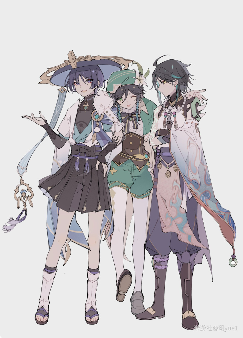 3boys ;d ahoge arm_armor arm_on_shoulder arm_tattoo armor bangs bead_necklace beads beret black_bow black_bowtie black_footwear black_gloves black_hair black_sash black_shirt black_shorts black_socks blue_hair blue_headwear blue_sash blue_vest blunt_bangs boots bow bowtie braid brown_corset capelet corset crossed_arms dark_blue_hair detached_sleeves elbow_gloves flower frills genshin_impact gloves gold_trim gradient_hair green_capelet green_eyes green_hair green_headwear green_shorts grey_footwear hair_between_eyes hakama hakama_shorts hand_on_another's_shoulder hand_on_hip hand_up hat highres japanese_armor japanese_clothes jewelry jingasa kote kurokote light_blue_ribbon lily_(flower) loafers mandarin_collar multicolored_hair multicolored_shirt multiple_boys necklace one_eye_closed open_clothes open_vest pants pantyhose parted_bangs pelvic_curtain puffy_pants puffy_shorts purple_belt purple_eyes purple_pants red_eyeliner ribbon sandals sash scaramouche_(genshin_impact) shirt shoes short_hair short_hair_with_long_locks short_sleeves shorts shoulder_armor sidelocks smile socks tassel tattoo twin_braids venti_(genshin_impact) vest vision_(genshin_impact) wanderer_(genshin_impact) white_pantyhose white_shirt white_socks white_vest xiao_(genshin_impact) yellow_eyes yue_(shemika98425261)