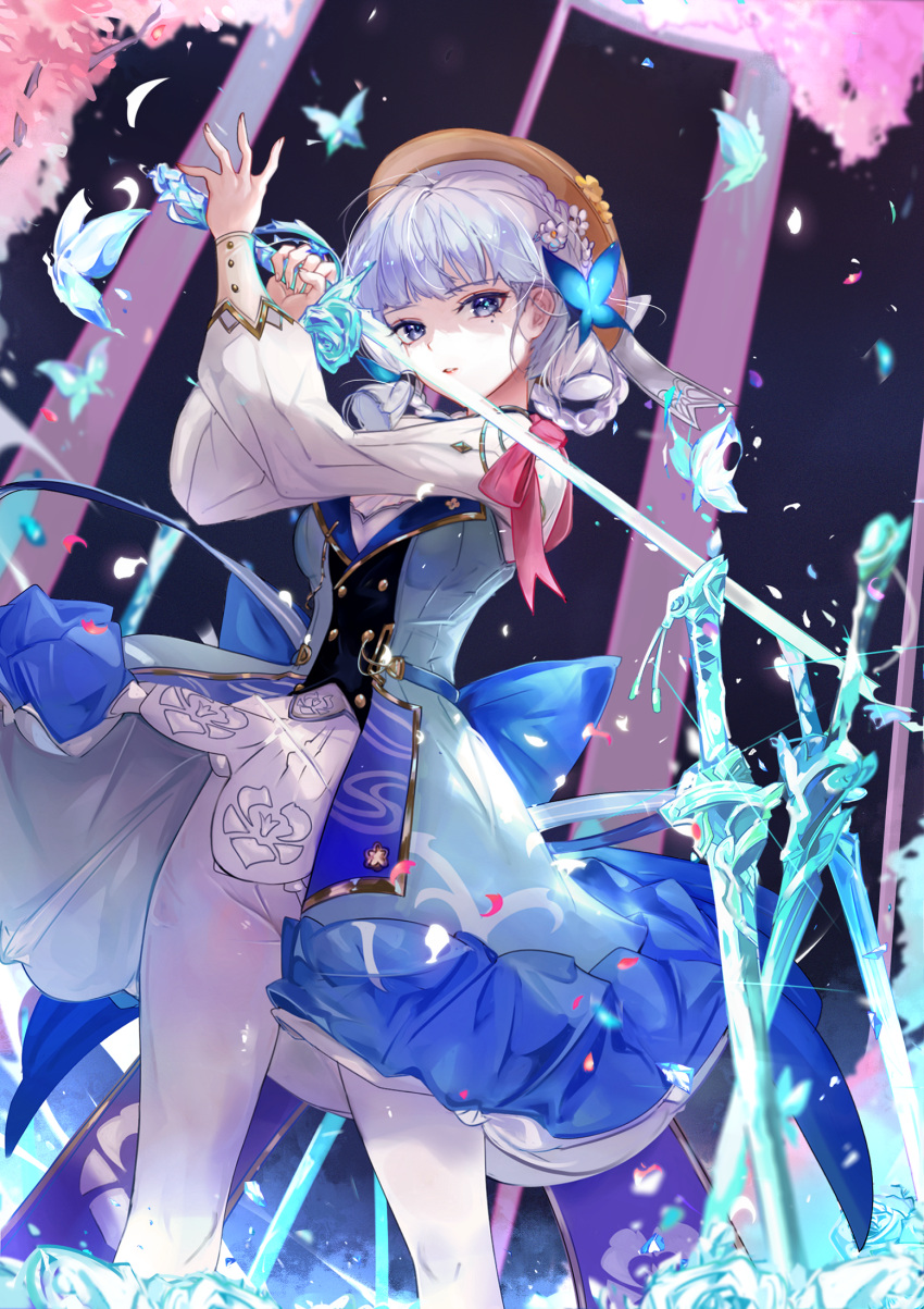 1girl blue_dress blue_eyes dress genshin_impact hair_behind_ear highres holding holding_sword holding_weapon kamisato_ayaka kamisato_ayaka_(springbloom_missive) looking_at_viewer mole mole_under_eye multicolored_clothes multicolored_dress official_alternate_costume official_alternate_hairstyle pantyhose solo sword vardan weapon white_hair white_pantyhose