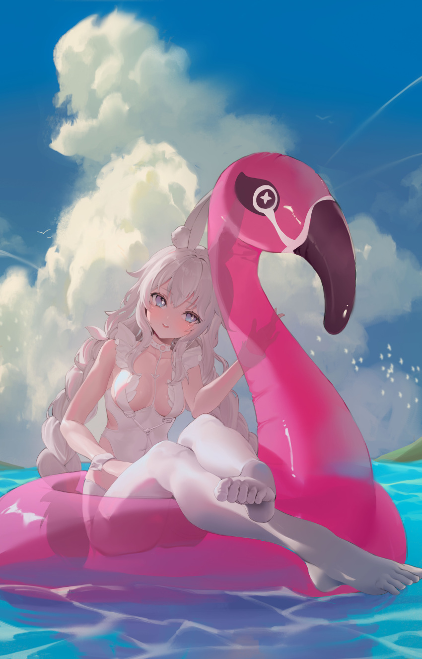 +_+ 1girl absurdres animal_ear_fluff animal_ears azur_lane bare_arms bare_shoulders blue_eyes blue_sky blush braid breasts choker clothing_cutout cloud crossed_legs dingding_(chongsangjun) duck_innertube feet foot_focus foot_up foreshortening frills full_body highres impossible_clothes le_malin_(azur_lane) le_malin_(listless_lapin)_(azur_lane) leotard long_hair looking_at_viewer low_twin_braids medium_breasts no_shoes o-ring o-ring_choker official_alternate_costume open_mouth outdoors pantyhose parted_lips rabbit_ears rabbit_tail sidelocks sitting sky symbol-shaped_pupils symbol_in_eye tail teeth toes transparent twin_braids upper_teeth_only very_long_hair water white_choker white_hair white_leotard white_pantyhose white_wrist_cuffs