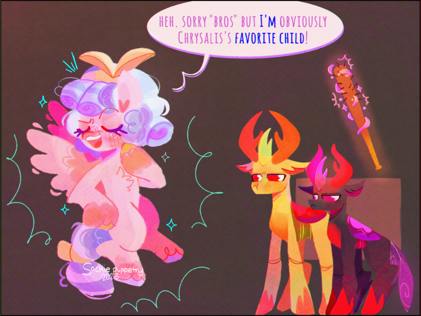 arthropod baseball_bat bat_(object) changeling cozy_glow_(mlp) dialogue english_text equid equine female friendship_is_magic glowing hasbro hi_res horn levitation male mammal my_little_pony pegasus pharynx_(mlp) reformed_changeling sockiepuppetry text thorax_(mlp) wings