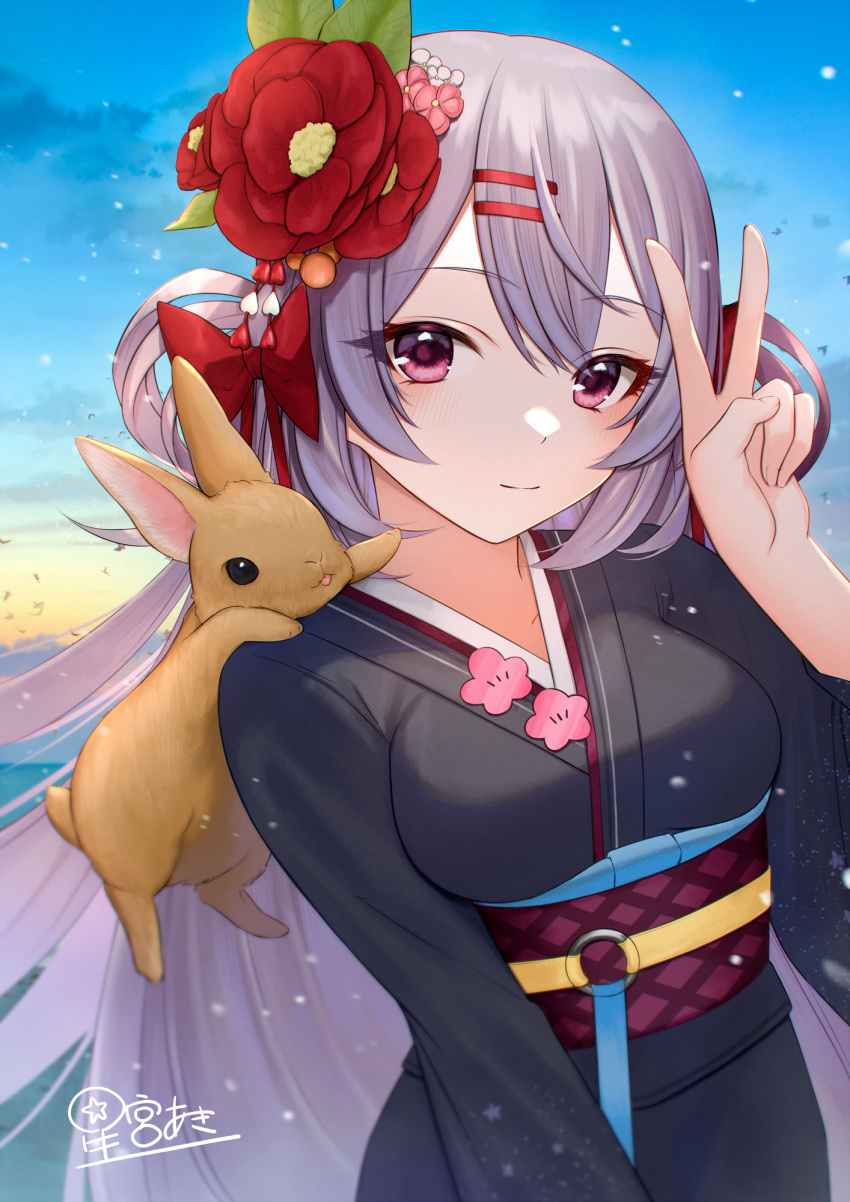1girl animal animal_on_shoulder bangs black_kimono blue_sky breasts closed_mouth cloud commentary_request copyright_request flower grey_hair hair_between_eyes hair_flower hair_ornament hairclip hand_up highres hoshimiya_aki japanese_clothes kimono long_hair long_sleeves looking_at_viewer medium_breasts nengajou new_year obi official_art outdoors rabbit red_eyes red_flower sash sky smile solo v very_long_hair virtual_youtuber wide_sleeves