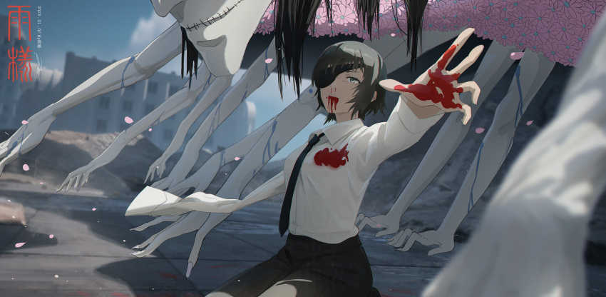 1girl absurdres ame999 bangs black_hair black_necktie black_pants blood blood_from_mouth blood_on_hands blue_eyes chainsaw_man cherry_blossoms city collared_shirt commentary_request dated debris eyepatch ghost_devil_(chainsaw_man) highres himeno_(chainsaw_man) kneeling long_sleeves looking_at_viewer missing_limb necktie nosebleed pants parted_lips petals shirt short_hair signature spoilers torn_clothes torn_pants white_shirt