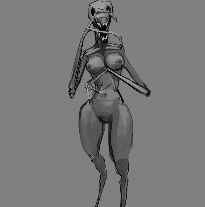 absurd_res areola breasts claws featureless_crotch female hi_res humanoid long_claws looking_at_viewer meandraco monochrome monster nipples open_mouth sharp_claws sharp_teeth skinny slim solo teeth thick_thighs wide_hips