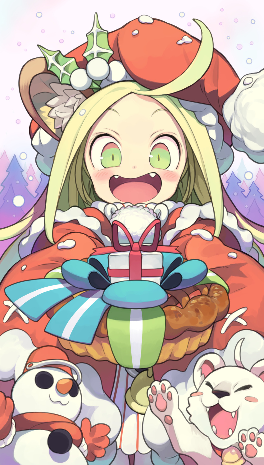 1girl :3 absurdres animal animal_ear_fluff animal_ears bangs bell blush brave_sword_x_blaze_soul capelet christmas_tree closed_eyes collar commentary_request constricted_pupils dress fangs food forehead fur-trimmed_capelet fur_trim gift green_eyes happy hat highres holding holding_food holding_gift holly_hat_ornament incoming_gift lion_ears lion_girl lionheart_(brave_sword_x_blaze_soul) looking_at_viewer morino_hon neck_bell open_mouth parted_bangs pie pom_pom_(clothes) raised_eyebrows red_capelet red_collar red_headwear santa_hat sleeves_past_fingers sleeves_past_wrists slit_pupils smile snow snowing snowman solo upper_body very_long_sleeves wide_sleeves