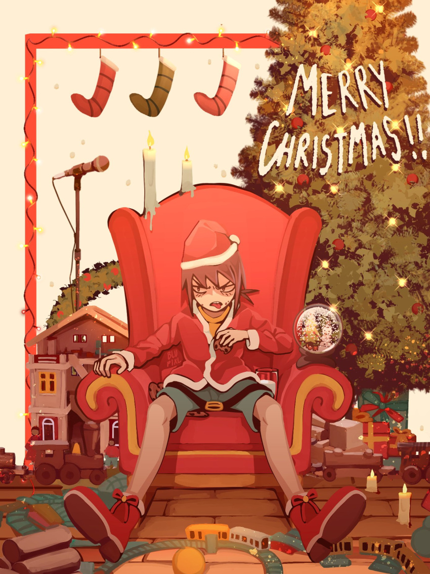 1girl androgynous blue_shorts blupixl boots brown_hair candle chair christmas_lights christmas_ornaments christmas_present christmas_stocking christmas_tree christmas_wreath cup frown gift hat highres merry_christmas microphone microphone_stand open_mouth original red_footwear santa_hat shorts sitting solo tongue tongue_out toy_train v-shaped_eyebrows wreath