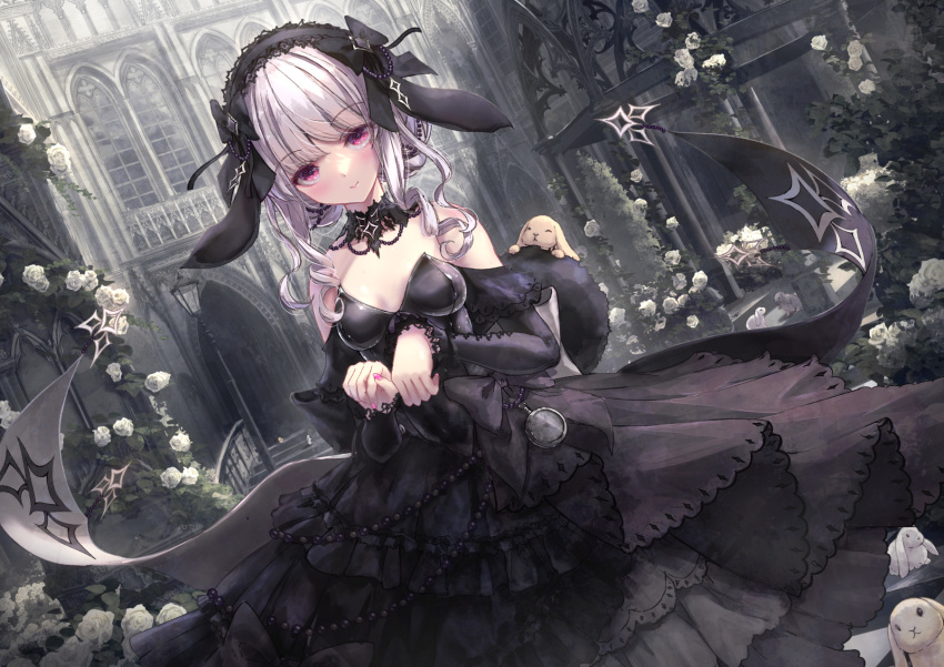 1girl animal animal_ears bangs bare_shoulders black_dress black_hairband blush breasts building bush closed_mouth commentary_request day dress dutch_angle fake_animal_ears feet_out_of_frame flower frilled_dress frilled_hairband frills gothic grey_hair hair_over_shoulder hairband hands_up highres holding lamppost layered_dress long_hair looking_at_viewer missile228 nail_polish original outdoors paw_pose pink_eyes pink_nails purple_eyes rabbit rabbit_ears railing rose sidelocks small_breasts smile solo stairs standing white_flower white_hair white_rose window