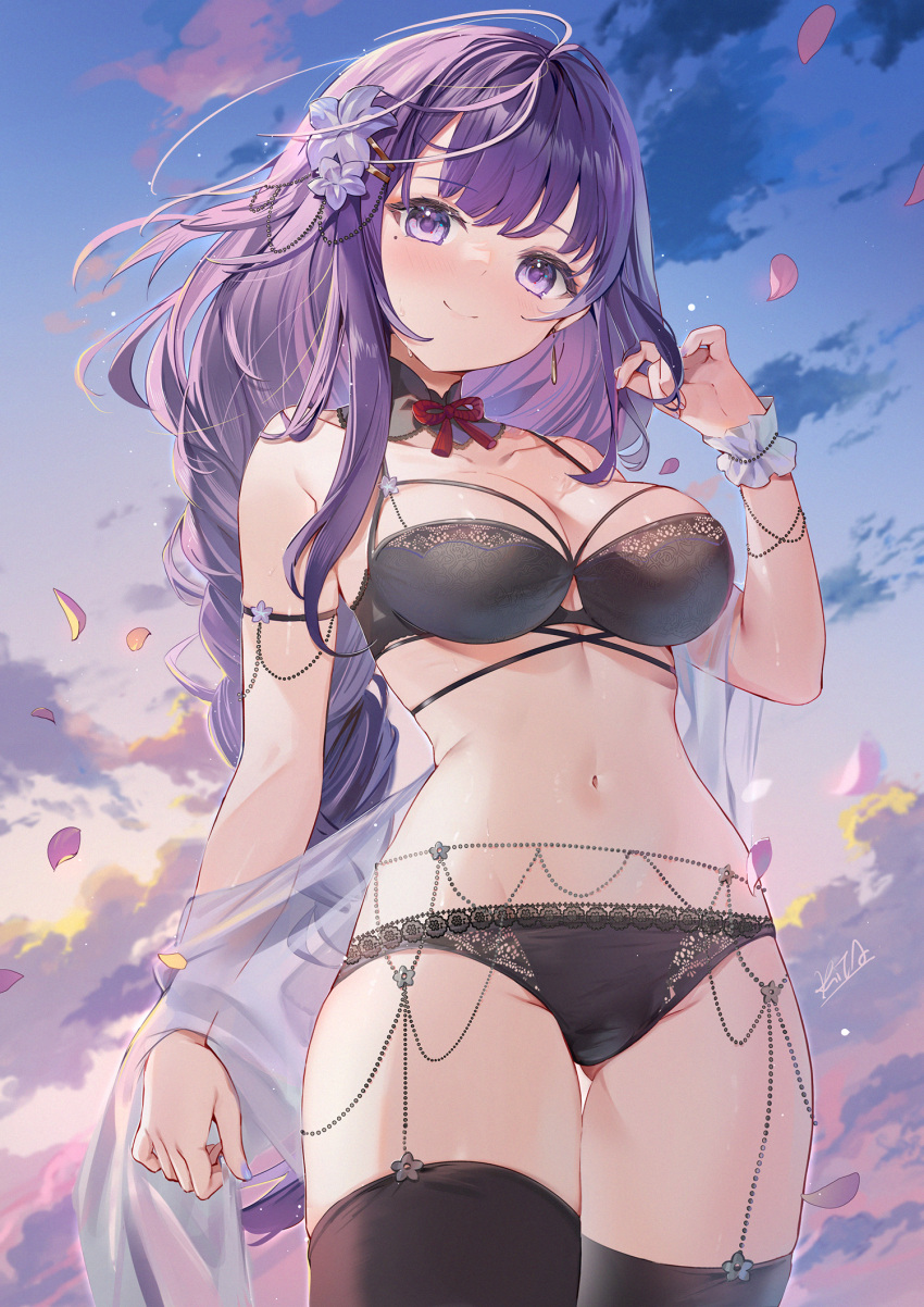 1girl arm_at_side arm_strap ass_visible_through_thighs bangs bare_shoulders belly_chain black_bra black_collar black_panties black_thighhighs blue_sky blush bra braid braided_ponytail breasts cleavage closed_mouth cloud collar commentary cowboy_shot detached_collar earrings falling_petals flower frilled_cuffs garter_belt genshin_impact gradient_sky groin hair_flower hair_ornament hand_in_own_hair hand_up highres jewelry kita_(kitairoha) lace-trimmed_bra lace-trimmed_collar lace-trimmed_panties lace_trim linea_alba lingerie long_hair looking_at_viewer medium_breasts mole mole_under_eye nail_polish navel neck_ribbon open_clothes outdoors panties petals playing_with_own_hair purple_eyes purple_hair purple_nails raiden_shogun ribbon see-through sidelocks signature single_braid sky smile solo stomach string_bra thighhighs thighs underwear wrist_cuffs