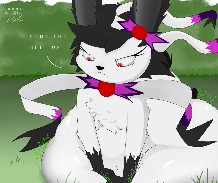 angry belly big_belly black_body black_fur bow_tie brunotheshihtzu digestion digestion_noises eeveelution feral fur generation_6_pokemon grass hi_res invalid_background long_ears nintendo plant pokemon pokemon_(species) pressing pupils red_pupils shrub sylveon text white_body white_fur