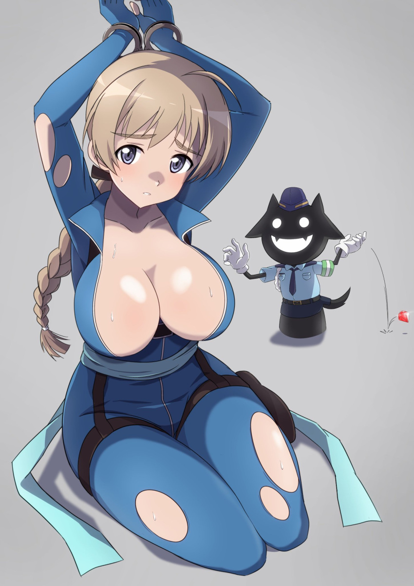 2girls blue_bodysuit blue_eyes blush bodysuit bound braid braided_ponytail breasts brown_hair cleavage collarbone cuffs grey_background handcuffs highres large_breasts long_hair looking_at_viewer lynette_bishop miyafuji_yoshika multiple_girls no_bra police police_uniform shiny shiny_hair shiny_skin silhouette_demon simple_background strike_witches sweat tied_up_(nonsexual) tricky_46 uniform world_witches_series
