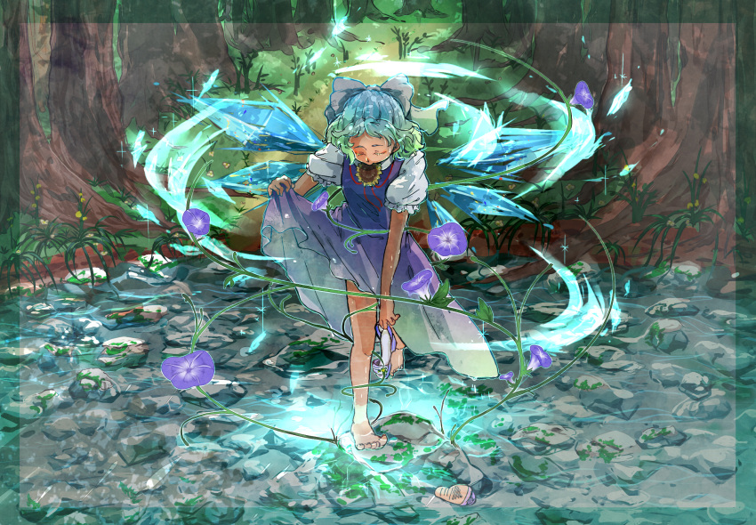 1girl barefoot blue_hair blush bow cirno closed_eyes clothes_lift dress dress_lift fairy flower forest glowing highres ice ice_wings looking_down nature pond r18ankou removing_shoes solo stone sunflower tanned_cirno touhou tree water wings