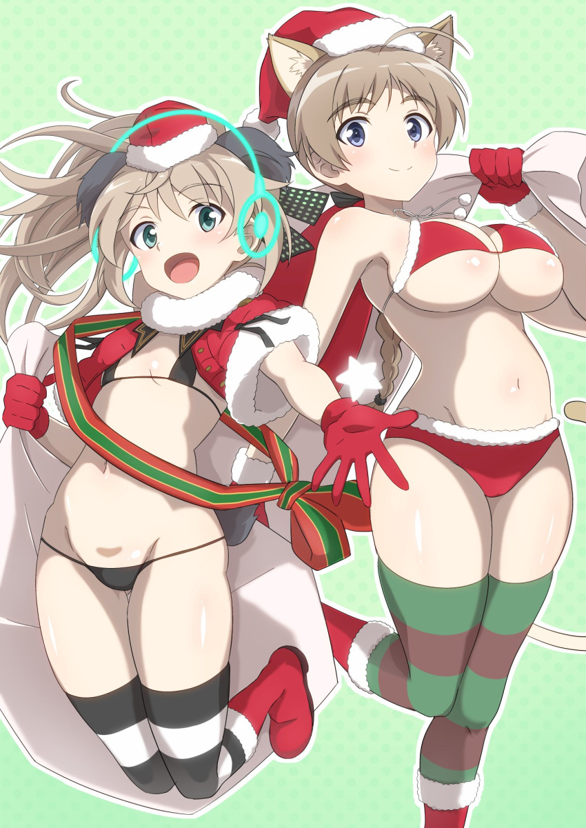 2girls ahoge bikini bird_tail black_bikini blonde_hair blue_eyes blush breasts christmas cleavage closed_mouth hat highres large_breasts long_hair looking_at_viewer luminous_witches lynette_bishop multiple_girls navel open_mouth red_bikini santa_bikini santa_costume santa_hat shiny shiny_hair small_breasts smile strike_witches striped striped_thighhighs swimsuit tail thighhighs tricky_46 virginia_robertson wing_ears world_witches_series