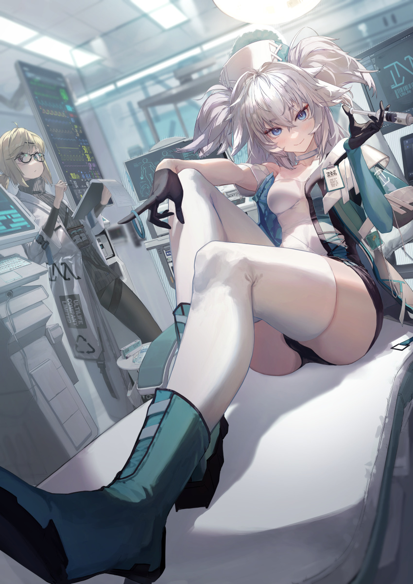 &gt;:) 2girls absurdres bangs bed black_gloves black_pantyhose black_shorts black_sweater blonde_hair blue_eyes blue_footwear blue_jacket breasts ceiling choker closed_mouth collarbone foot_out_of_frame foreshortening ggoc_ill girls'_frontline girls'_frontline_neural_cloud glasses gloves highres holding hospital_bed jacket light long_sleeves looking_at_viewer multiple_girls nurse open_clothes open_jacket pa-15_(girls'_frontline) pantyhose shirt short_hair short_sleeves shorts small_breasts smile solo_focus sweater thighhighs turtleneck turtleneck_sweater twintails v-shaped_eyebrows white_choker white_hair white_jacket white_shirt white_thighhighs window