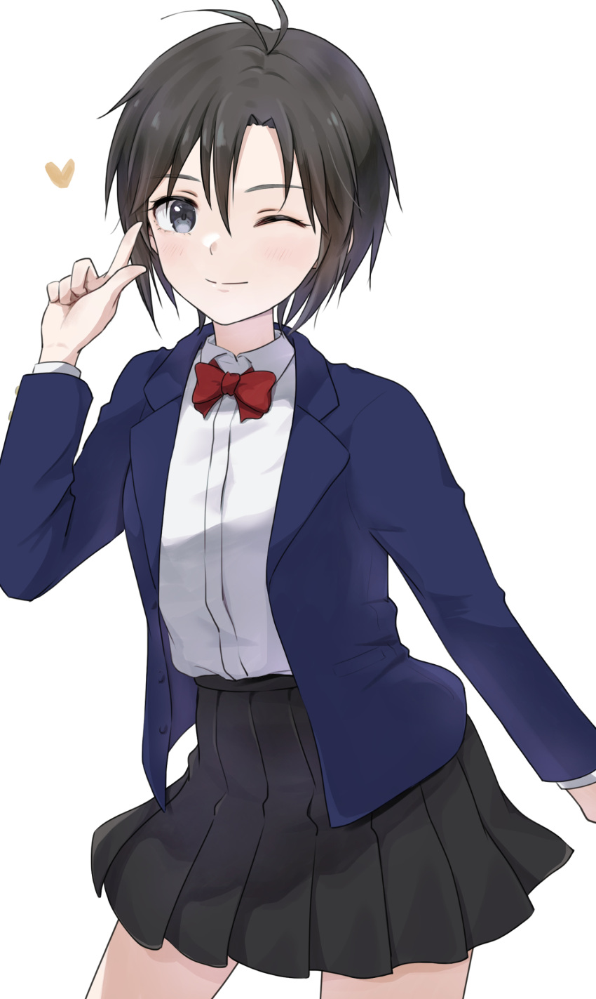 1girl absurdres antenna_hair bangs black_eyes black_hair black_skirt blue_jacket bow bowtie collared_shirt hair_between_eyes heart highres idolmaster idolmaster_(classic) idolmaster_2 jacket kikuchi_makoto light_blush long_sleeves looking_at_viewer mogskg one_eye_closed pleated_skirt red_bow red_bowtie shirt shirt_tucked_in short_hair simple_background skirt smile solo white_background white_shirt