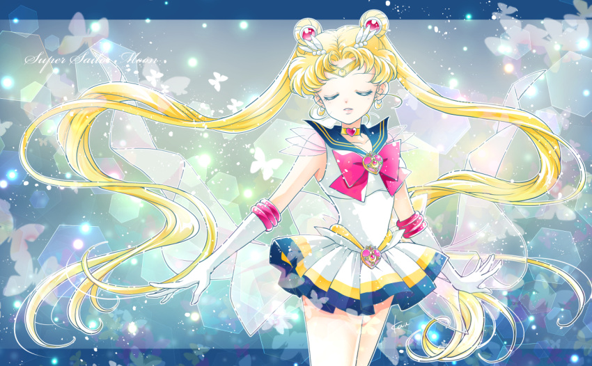 1girl bishoujo_senshi_sailor_moon blonde_hair blue_sailor_collar blue_skirt bow bowtie character_name choker circlet closed_eyes collarbone collared_shirt cowboy_shot crescent crescent_earrings double_bun earrings elbow_gloves facing_viewer floating_hair gloves hair_bun hair_intakes heart heart_choker jewelry long_hair miniskirt multicolored_clothes multicolored_skirt pleated_skirt red_bow red_bowtie sailor_collar sailor_collar_lift sailor_moon sailor_senshi_uniform sailor_shirt sarashina_kau shiny shiny_hair shirt signature skirt sleeveless sleeveless_shirt solo standing super_sailor_moon tsukino_usagi very_long_hair white_gloves white_shirt white_skirt yellow_choker yellow_skirt