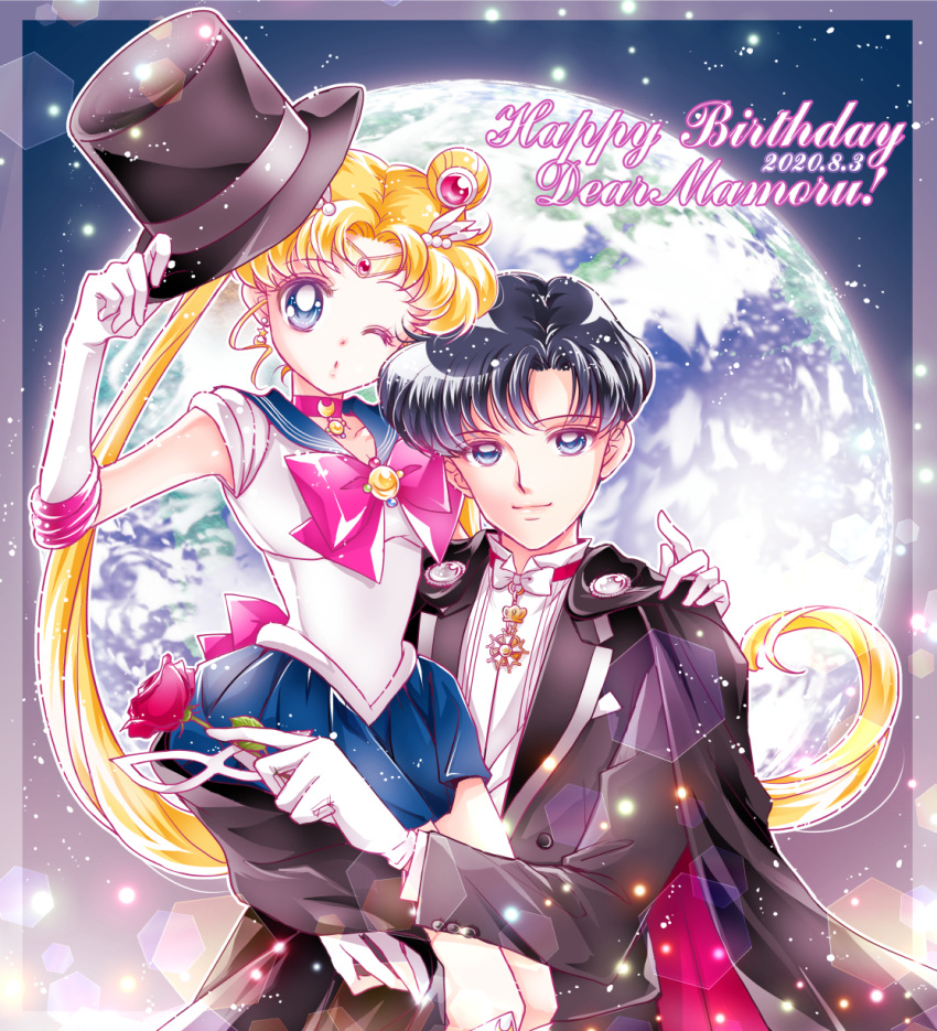 1boy 1girl 2020 bishoujo_senshi_sailor_moon black_cape black_hair blonde_hair blue_eyes blue_sailor_collar blue_skirt bow bowtie cape carrying character_name chiba_mamoru choker circlet closed_mouth collarbone collared_shirt couple crescent_choker dated double_bun dress_shirt earrings earth_(planet) elbow_gloves floating_hair flower gloves grey_jacket hair_bun hair_intakes hair_ornament hair_tubes hand_on_another's_shoulder happy_birthday hat hetero highres holding holding_clothes holding_flower holding_hat jacket jewelry long_hair long_sleeves looking_at_viewer miniskirt one_eye_closed outline pink_bow pink_bowtie planet pleated_skirt red_choker red_flower red_rose rose sailor_collar sailor_moon sailor_senshi_uniform sailor_shirt sarashina_kau shiny shiny_hair shirt short_hair skirt smile star_(symbol) star_earrings tsukino_usagi tuxedo_kamen very_long_hair white_bow white_bowtie white_gloves white_shirt