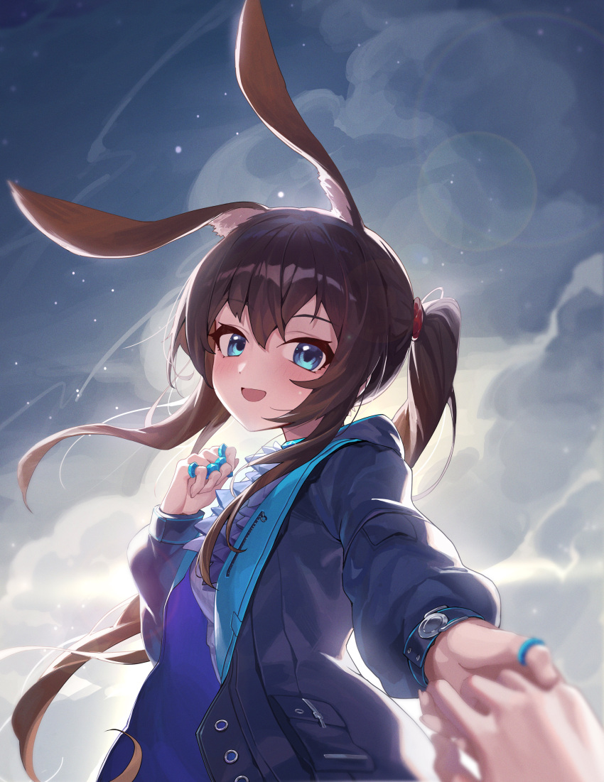 1girl 1other absurdres amiya_(arknights) animal_ear_fluff animal_ears arknights bangs black_jacket blue_eyes breasts brown_hair cloud cloudy_sky commentary_request day hair_between_eyes hand_up highres holding_hands jacket jewelry long_hair long_sleeves looking_at_viewer mo_ying_yu open_clothes open_jacket outdoors ponytail puffy_long_sleeves puffy_sleeves rabbit_ears ring shirt sky small_breasts solo_focus very_long_hair white_shirt