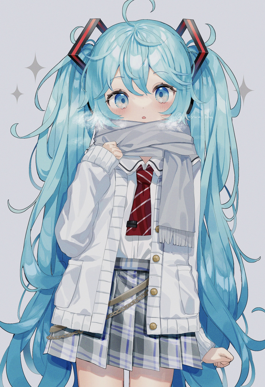 1girl absurdres ahoge alternate_costume aqua_hair blue_eyes blush breath coat collared_shirt cowboy_shot fuinagi_(huyuu_mm) grey_background grey_scarf grey_skirt hair_between_eyes hatsune_miku headgear highres long_hair long_sleeves looking_at_viewer messy_hair miniskirt necktie open_mouth plaid plaid_skirt pleated_skirt red_necktie scarf shirt simple_background skirt solo triangle_mouth twintails twitter_username very_long_hair vocaloid white_coat white_shirt