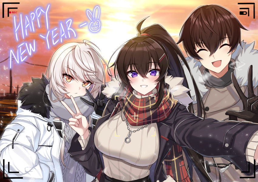 1boy 2girls absurdres ahoge bangs black_gloves brown_hair chinese_zodiac closed_eyes closed_mouth counter:side day gloves hair_between_eyes hands_in_pockets happy_new_year highres hilde_(counter:side) jacket joo_shiyoon long_hair long_sleeves looking_at_viewer maett meme_attire multiple_girls open_clothes open_jacket open_mouth outdoors ponytail scarf selfie short_hair smile v virgin_killer_sweater white_hair year_of_the_rabbit yoo_mina