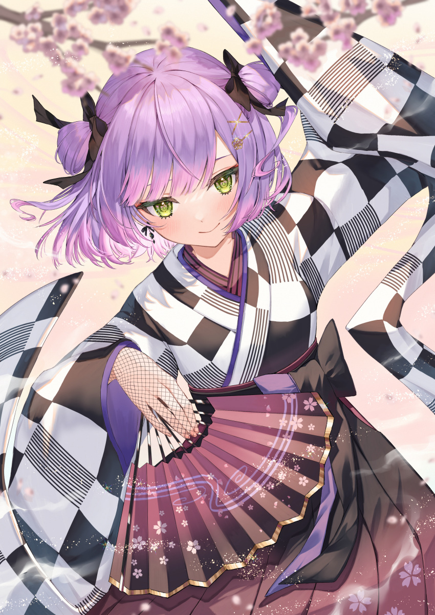 1girl absurdres black_hakama black_ribbon black_skirt blush bob_cut bow bow_earrings checkered_clothes checkered_kimono closed_mouth earrings fishnet_gloves fishnets flower folding_fan gloves green_eyes hair_ornament hair_ribbon hair_rings hairclip hakama hakama_skirt hand_fan highres hololive japanese_clothes jewelry kimono long_sleeves multiple_hairpins official_alternate_costume official_alternate_hair_length official_alternate_hairstyle purple_hair ribbon runlan_0329 skirt smile solo tokoyami_towa two_side_up virtual_youtuber white_sleeves x_hair_ornament yellow_eyes