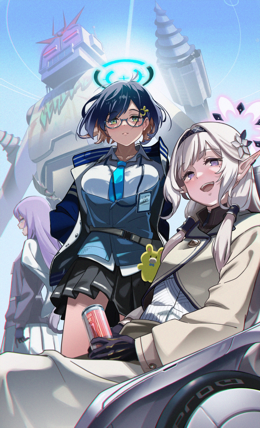 3girls absurdres bangs black_gloves blue-framed_eyewear blue_archive blue_hair blue_necktie blush can chihiro_(blue_archive) closed_mouth commentary_request cowboy_shot day flower from_side glasses gloves green_eyes hair_flower hair_ornament hair_tubes hairband halo highres himari_(blue_archive) holding holding_can id_card jacket long_hair long_sleeves looking_at_viewer mecha mole mole_under_eye multicolored_clothes multicolored_jacket multiple_girls necktie open_clothes open_mouth outdoors pleated_skirt pointy_ears powered_wheelchair purple_eyes purple_hair purple_sweater rabbit_hair_ornament robe robot semi-rimless_eyewear shirt short_hair skirt smile striped striped_hairband suppa_(hagakuresuppa) sweater teeth two-tone_jacket under-rim_eyewear upper_teeth_only utaha_(blue_archive) wheelchair white_hair white_jacket white_shirt white_skirt