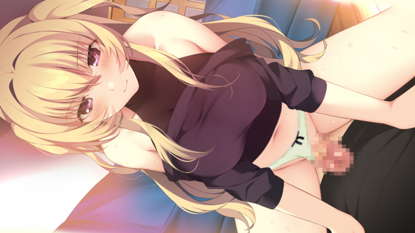 1boy 1girl bangs black_ribbon black_shirt black_sweater blonde_hair blush bria_anderson censored closed_mouth clothes_pull clothing_aside dutch_angle game_cg girl_on_top hair_between_eyes hair_intakes hetero homestay_a_la_mode long_hair looking_at_viewer midriff mosaic_censoring navel panties panties_aside penis pov red_eyes ribbon ribbon_panties shiny shiny_hair shirt smile stomach sweater sweater_pull tai_(nazutai) underwear very_long_hair white_panties