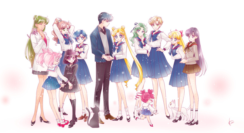 1boy 6+girls ^_^ aino_minako animal_on_shoulder artemis_(sailor_moon) belt belt_buckle bishoujo_senshi_sailor_moon black_belt black_footwear black_pants black_shirt black_socks blonde_hair blue_bow blue_bowtie blue_eyes blue_hair blue_jacket blue_ribbon blue_sailor_collar blue_skirt bow bowtie breast_pocket brown_bow brown_bowtie brown_footwear brown_hair brown_sailor_collar brown_skirt buckle cat chiba_mamoru chibi_usa closed_eyes collared_shirt double_bun dress_shirt full_body green_eyes green_hair grey_shirt grey_skirt grey_sweater hair_bobbles hair_bun hair_intakes hair_ornament hair_ribbon height_difference high_ponytail hino_rei holding_hands jacket juuban_middle_school_uniform kaiou_michiru kino_makoto kino_makoto's_school_uniform long_hair looking_at_another luna_(sailor_moon) meiou_setsuna miniskirt mizuno_ami multiple_girls open_clothes open_jacket pants pink_hair pleated_skirt pocket purple_eyes purple_hair red_footwear red_shirt ribbon sailor_collar sailor_shirt sarashina_kau school_uniform shiny shiny_hair shirt short_hair signature simple_background skirt socks straight_hair sweater ta_girls_school_uniform ten'ou_haruka tomoe_hotaru tsukino_usagi twintails very_long_hair wavy_hair white_background white_jacket white_shirt white_socks wing_collar