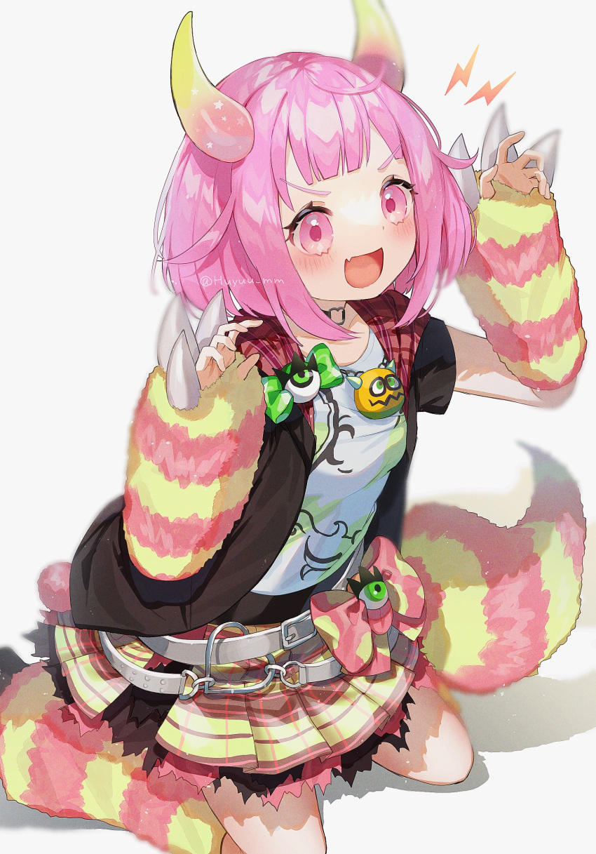 1girl :d absurdres black_choker black_vest blush bob_cut choker claw_pose fang frilled_skirt frills fuinagi_(huyuu_mm) highres hood hooded_vest hoodie horns leg_warmers miniskirt o-ring o-ring_choker ootori_emu open_mouth pink_eyes pink_hair plaid plaid_skirt pleated_skirt project_sekai shirt short_hair short_sleeves skin_fang skirt smile solo tail v-shaped_eyebrows vest white_shirt yellow_skirt