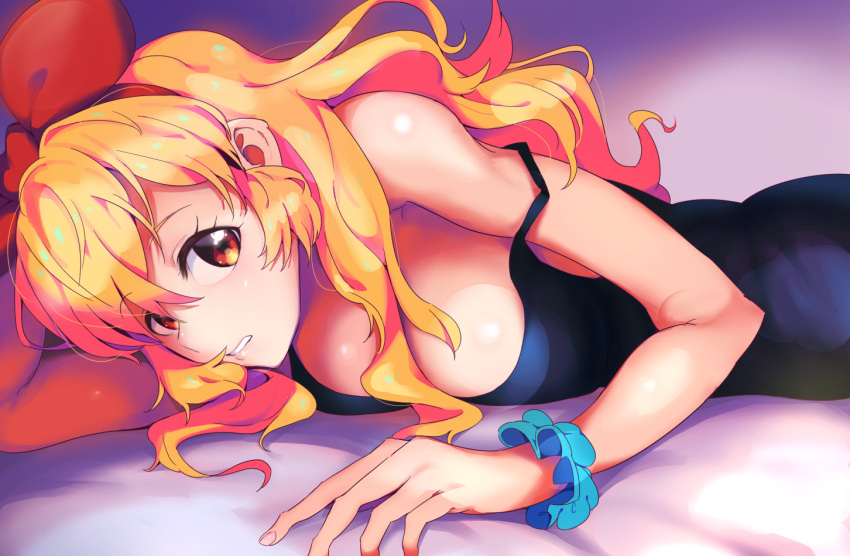 1girl aikatsu! aikatsu!_(series) bed_sheet black_dress blonde_hair blue_scrunchie bow bow_hairband breasts brown_eyes cleavage dress hair_bow hairband hoshimiya_ichigo long_hair looking_at_viewer lying medium_breasts on_stomach red_bow red_hairband scrunchie shiny shiny_hair sleeveless sleeveless_dress solo strap_slip wrist_scrunchie yamamura_saki