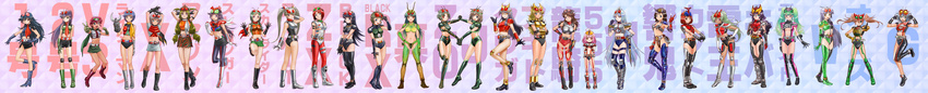 absurdres antennae belt boots elbow_gloves everyone full_body genderswap genderswap_(mtf) gloves hand_on_hip highres kamen_rider kamen_rider_1 kamen_rider_2 kamen_rider_555 kamen_rider_agito kamen_rider_agito_(series) kamen_rider_amazon kamen_rider_amazon_(series) kamen_rider_black kamen_rider_black_(series) kamen_rider_black_rx kamen_rider_black_rx_(series) kamen_rider_blade kamen_rider_blade_(series) kamen_rider_dcd kamen_rider_decade kamen_rider_den-o kamen_rider_den-o_(series) kamen_rider_double kamen_rider_faiz kamen_rider_g kamen_rider_hibiki kamen_rider_hibiki_(series) kamen_rider_j kamen_rider_kabuto kamen_rider_kabuto_(series) kamen_rider_kiva kamen_rider_kiva_(series) kamen_rider_kuuga kamen_rider_kuuga_(series) kamen_rider_ooo kamen_rider_ooo_(series) kamen_rider_ryuki kamen_rider_ryuki_(series) kamen_rider_shin kamen_rider_stronger kamen_rider_stronger_(series) kamen_rider_super-1 kamen_rider_super-1_(series) kamen_rider_v3 kamen_rider_v3_(series) kamen_rider_w kamen_rider_x kamen_rider_x_(series) kamen_rider_zo kamen_rider_zx legs long_image midriff multiple_girls new_kamen_rider one_eye_closed personification pointing pointing_at_viewer riderman scarf shin_kamen_rider_prologue skyrider thigh_boots thighhighs wide_image yusao