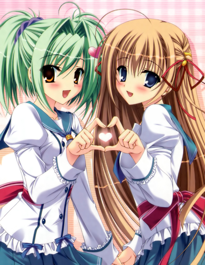 :d absurdres ahoge bangs blue_eyes brown_eyes brown_hair double-breasted elsterrier_marigold frilled_sleeves frills green_hair hair_intakes hair_ornament hair_ribbon hairclip heart heart_hair_ornament heart_hands heart_hands_duo highres holding_hands juliet_sleeves lia_berlioz light_brown_hair long_hair long_sleeves looking_at_viewer multiple_girls open_mouth pleated_skirt prism_rhythm puffy_sleeves red_ribbon ribbon scan school_uniform serafuku skirt smile tanihara_natsuki twintails