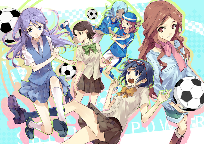 ball blue_eyes blue_hair boots half_updo inazuma_eleven inazuma_eleven_(series) izumi_(nagashi) kicking kino_aki kudou_fuyuka legs multiple_girls otonashi_haruna pink_hair purple_hair raimon_natsumi scarf school_uniform shoes sneakers soccer_ball soccer_uniform socks sportswear telstar urabe_rika zaizen_touko