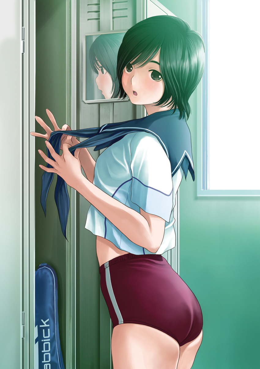 1girl absurdres black_hair blush brown_eyes buruma gym_uniform highres legs locker_room looking_back love_plus love_plus_plus mino_taro mino_tarou mirror official_art short_hair solo surprised takane_manaka