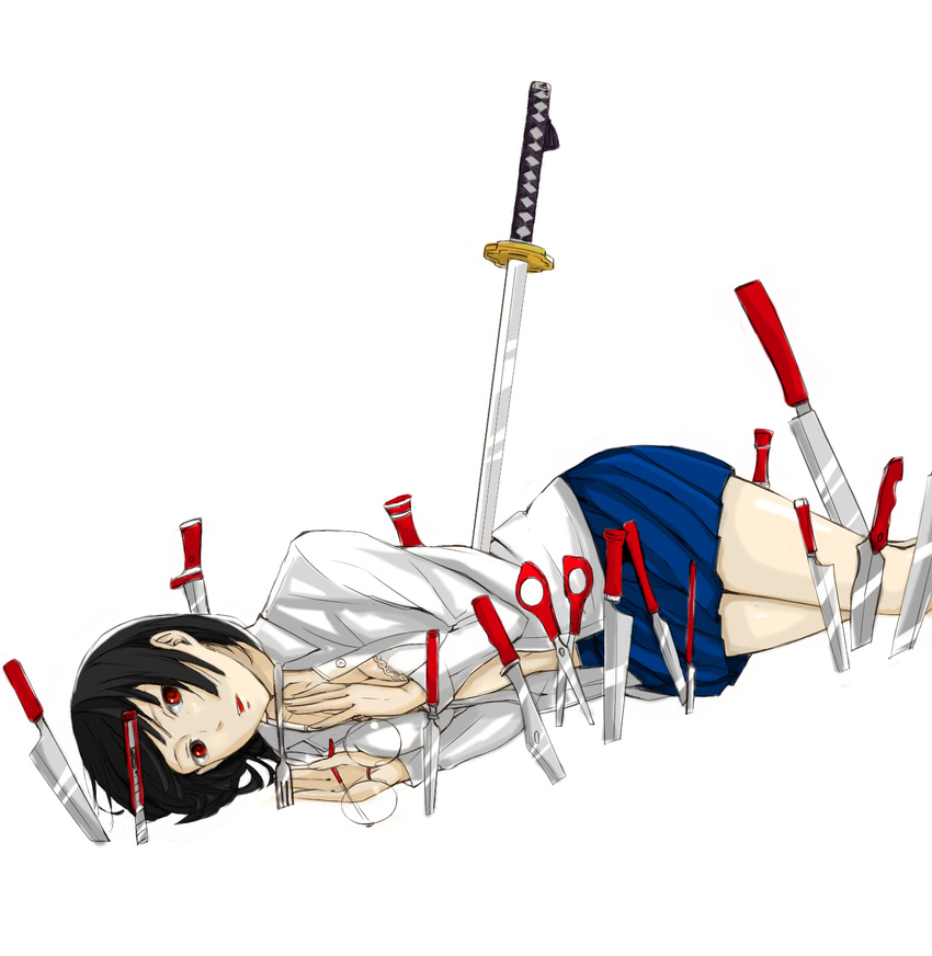 black_hair bob_cut boxcutter breasts cleavage colorized durarara!! eyewear_removed fork glasses highres knife lying medium_breasts on_side open_clothes open_shirt planted_sword planted_weapon pleated_skirt red_eyes school_uniform scissors shirt short_hair skirt solo soma_(hurau) sonohara_anri sword weapon