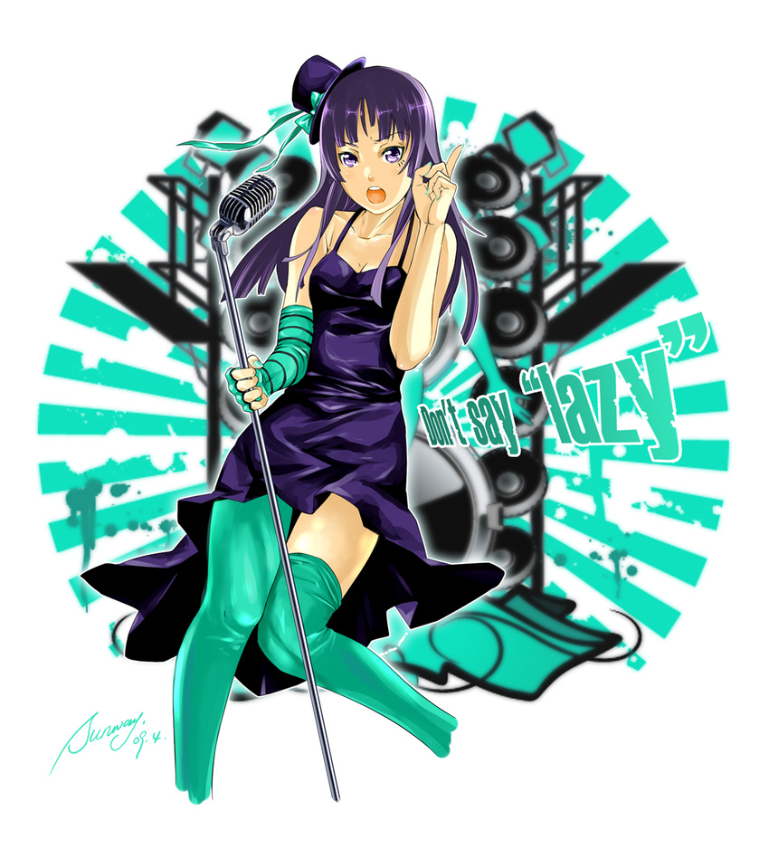 2009 akiyama_mio don't_say_"lazy" dress fingerless_gloves gloves green_nails hat highres k-on! long_hair loose_thighhigh microphone microphone_stand mini_hat mini_top_hat music nail_polish pointing purple_eyes purple_hair signature singing solo sunway thigh_gap thighhighs top_hat