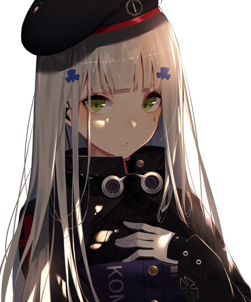 1girl bangs beret blunt_bangs blush breasts clothes_writing eyebrows_visible_through_hair facial_mark girls_frontline gloves green_eyes hair_ornament hand_on_own_chest hat highres hk416_(girls_frontline) jacket kisui_(user_wswf3235) light_particles long_hair looking_at_viewer parted_lips sidelocks silver_hair simple_background solo teardrop upper_body very_long_hair white_background