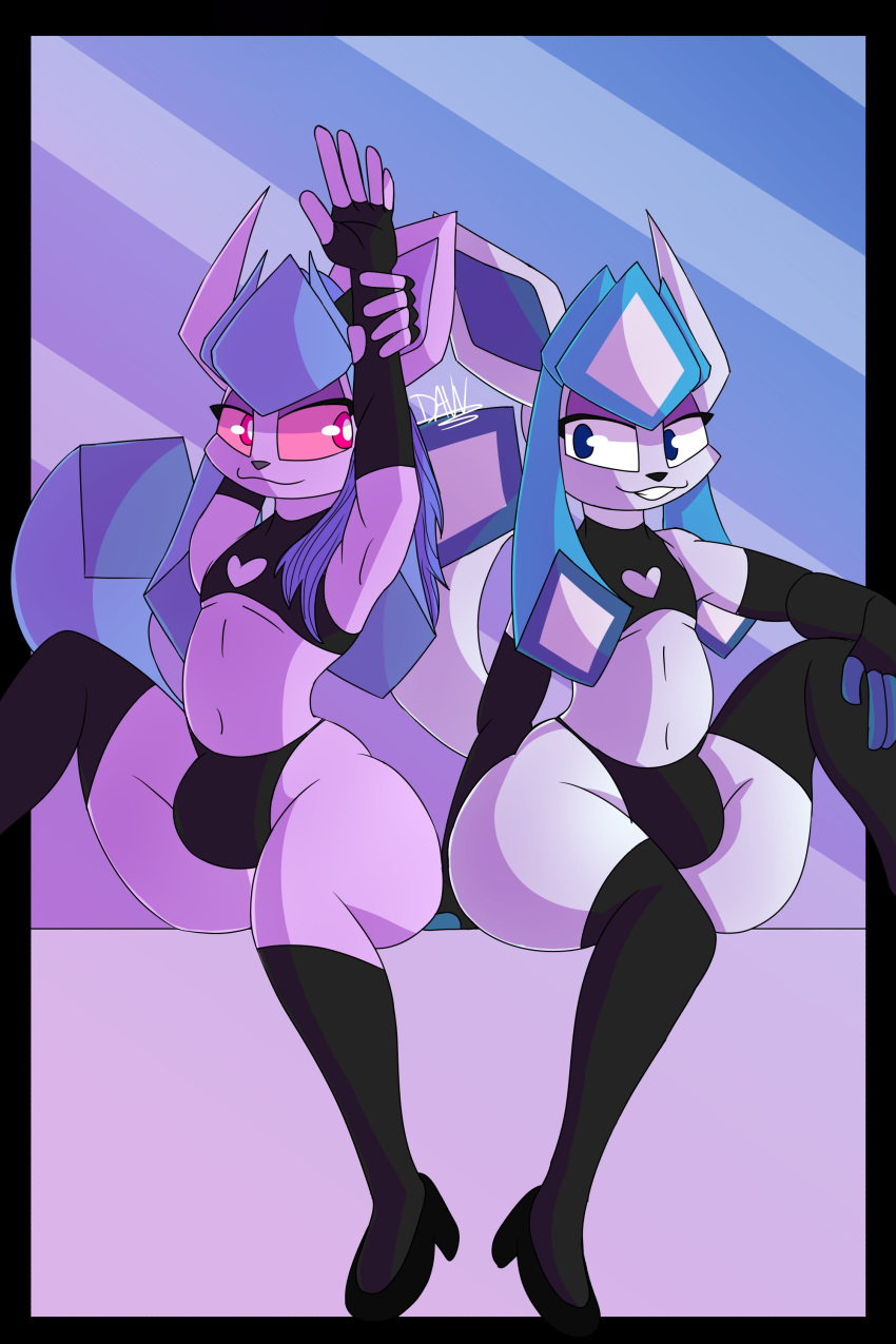 absurd_res anthro big_butt bulge butt clothing duo eeveelution eye_contact footwear generation_4_pokemon girly glaceon hi_res legwear llama_davv looking_at_another male nintendo panties pokemon pokemon_(species) shea_(llama_davv) smile smug socks thigh_highs thigh_socks underwear