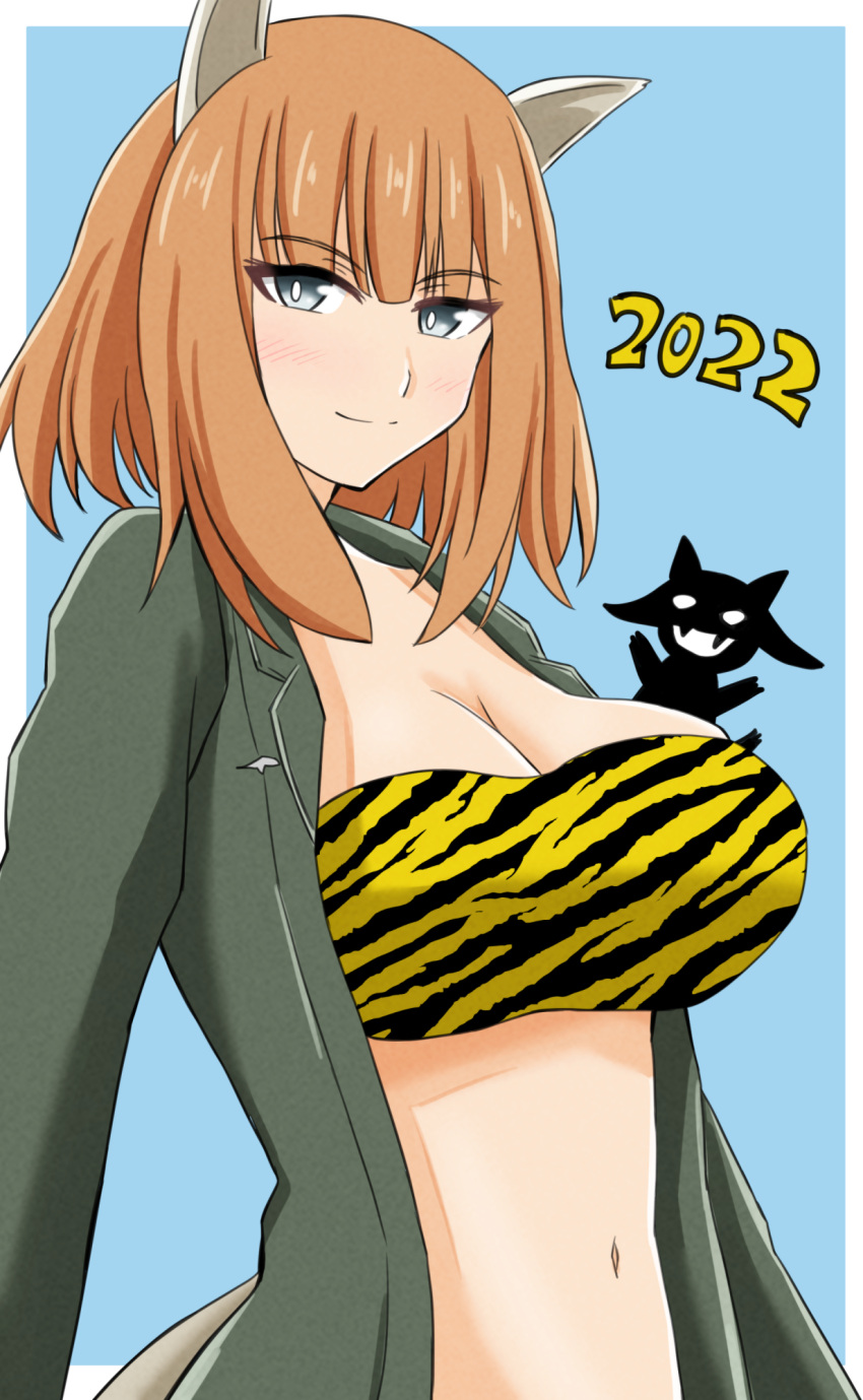 1girl 2022 animal_ears animal_print bangs black_jacket blue_background blue_eyes blush breasts brown_hair chinese_zodiac cleavage closed_mouth commentary gundula_rall half-closed_eyes highres jacket large_breasts looking_at_viewer medium_hair miyafuji_yoshika navel new_year open_clothes open_jacket print_bandeau shikokuken_(mrykk24) silhouette_demon smile solo standing strike_witches tiger_print world_witches_series year_of_the_tiger yellow_bandeau