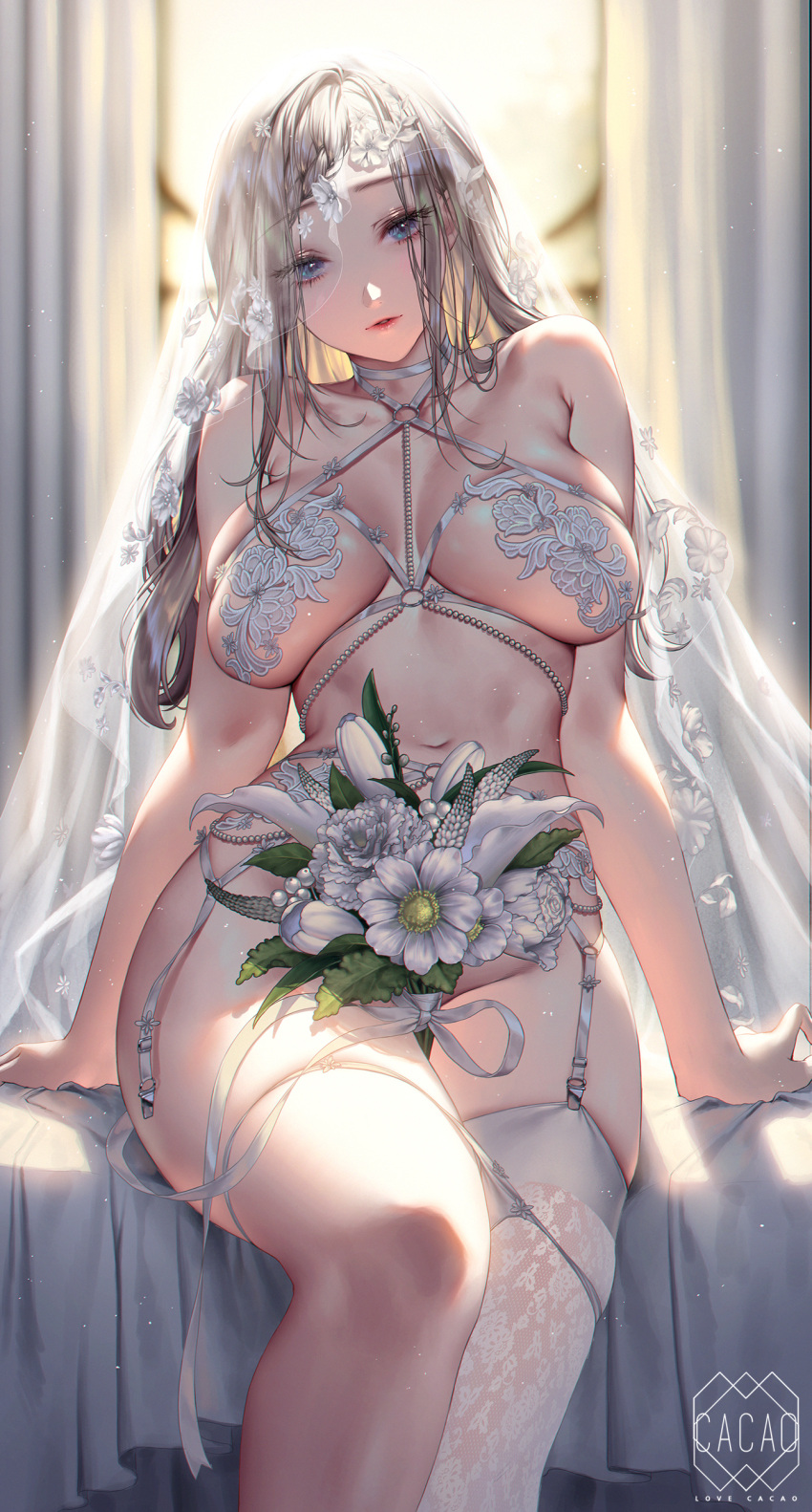 1girl absurdres bare_shoulders blue_eyes blush bondage_outfit bouquet braid braided_bangs breasts bridal_lingerie bridal_veil bride chest_harness flower harness highres large_breasts leather lingerie lipstick long_hair looking_at_viewer love_cacao makeup navel o-ring original revealing_clothes single_thighhigh sitting solo thighhighs thighs underboob underwear veil white_flower white_hair white_thighhighs