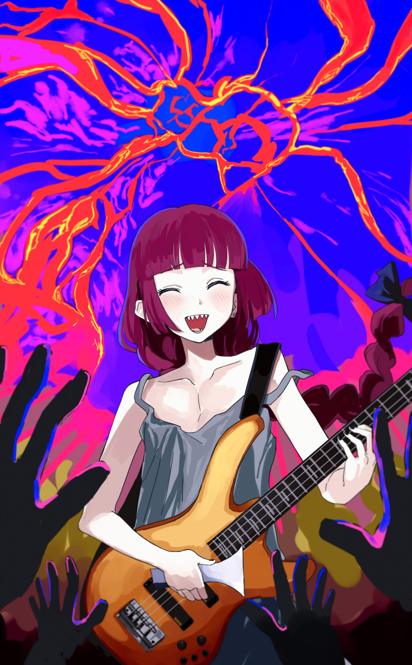 1girl absurdres bachi bangs bare_shoulders bass_guitar black_bow blunt_bangs blush bocchi_the_rock! bow braid closed_eyes collarbone dress green_dress hair_bow highres hiroi_kikuri holding holding_instrument instrument long_hair mou_(piooooon) music open_mouth playing_instrument plectrum purple_hair sharp_teeth single_braid smile solo teeth