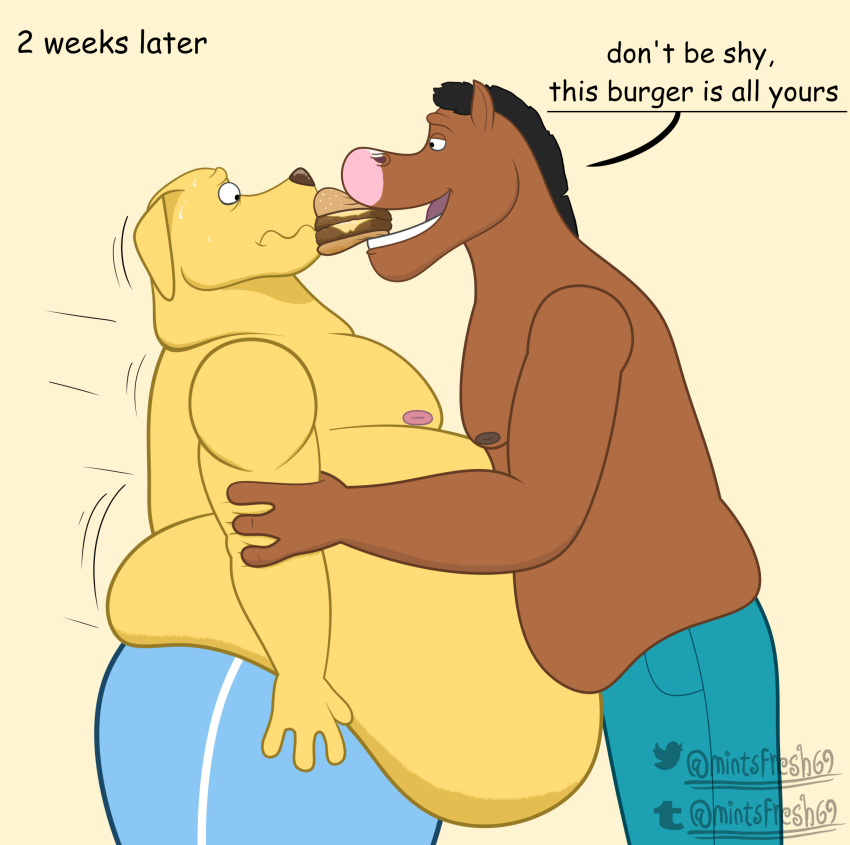 anthro belly belly_overhang big_belly bird_dog bloated bodily_fluids bojack_horseman bojack_horseman_(character) burger canid canine canis clothing domestic_dog duo equid equine feeder food force_feeding forced golden_retriever hi_res horse hunting_dog male male/male mammal mintsfresh69 moobs mr._peanutbutter netflix overweight overweight_male pudgy_belly retriever shirtless stuffing sweat sweatpants thick_thighs tight_clothing weight_gain wide_hips