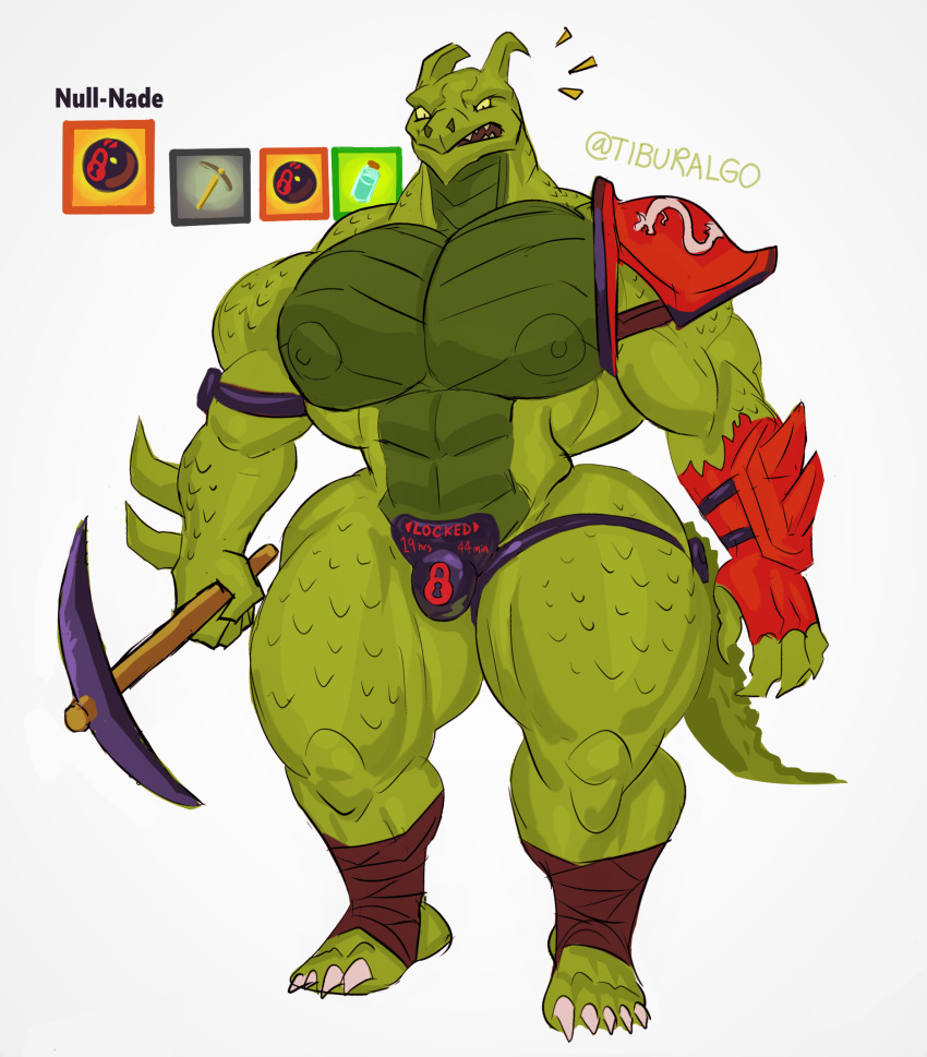 animal_humanoid anthro belly_scales bulge chastity_bulge chastity_device epic_games fortnite green_body hi_res humanoid hybrid_(fortnite) instant_transformation lizard lock_bulge lock_symbol male muscular muscular_anthro muscular_male null_bulge nullification pickaxe reptile reptile_humanoid scales scalie scalie_humanoid solo thick_thighs tiburalgo