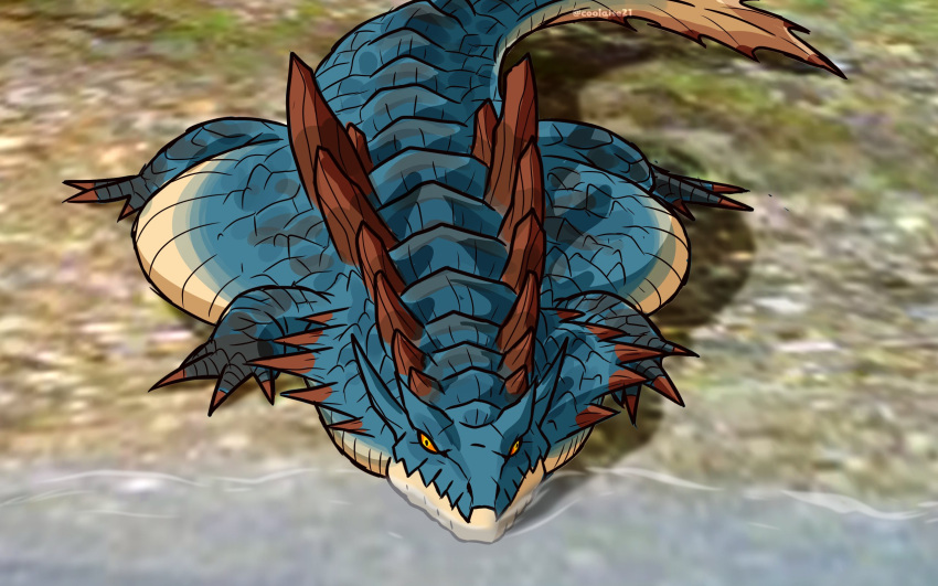 animal_focus c00laise crocodilian english_commentary flat_crocodile highres lagiacrus meme monster monster_hunter_(series) no_humans photo-referenced shore water