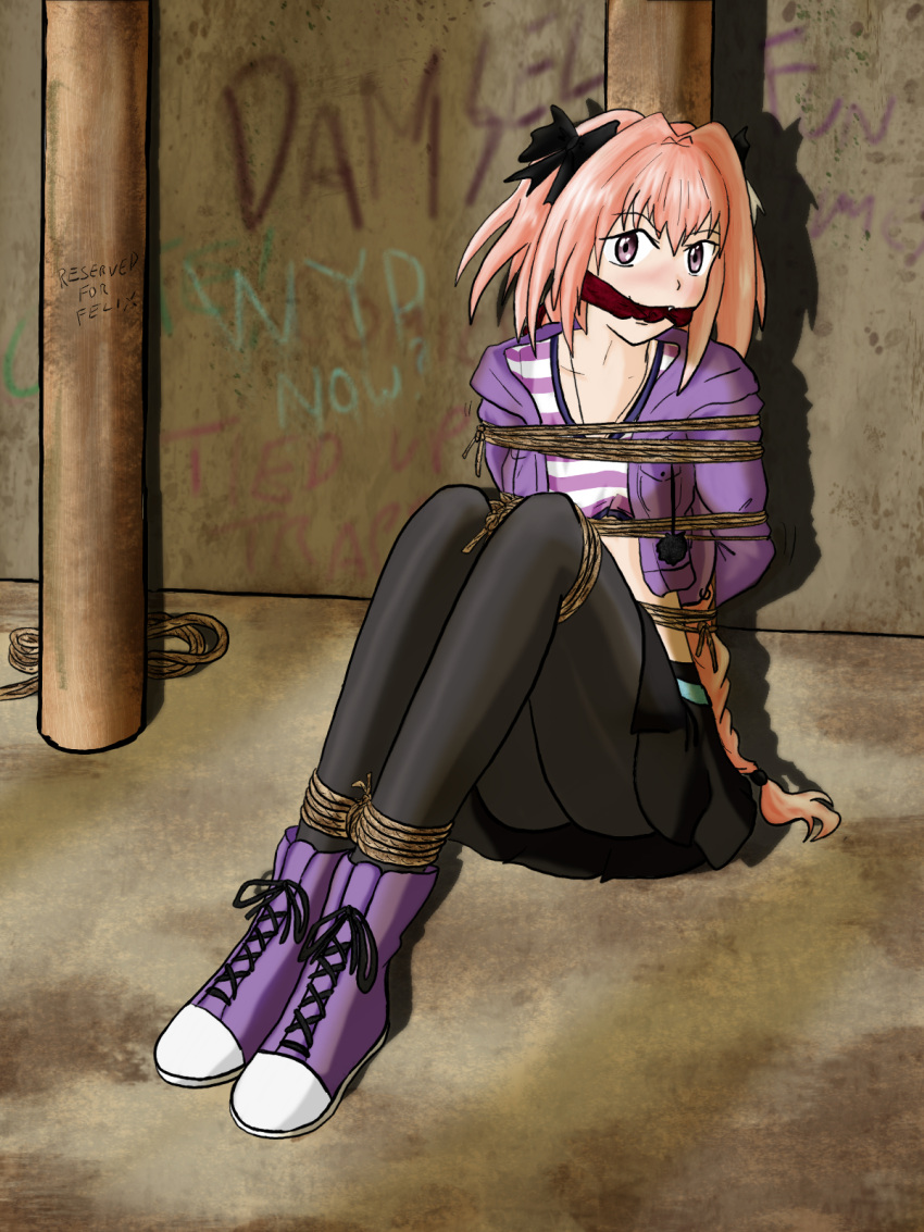 1boy artist_request astolfo_(fate) bdsm bondage bound bound_ankles bound_arms bound_legs bound_wrists cleave_gag cloth_gag fate/grand_order fate_(series) gag gagged highres improvised_gag kidnapped legs long_hair looking_at_viewer non-web_source otoko_no_ko pink_hair source_request tied_up_(nonsexual)