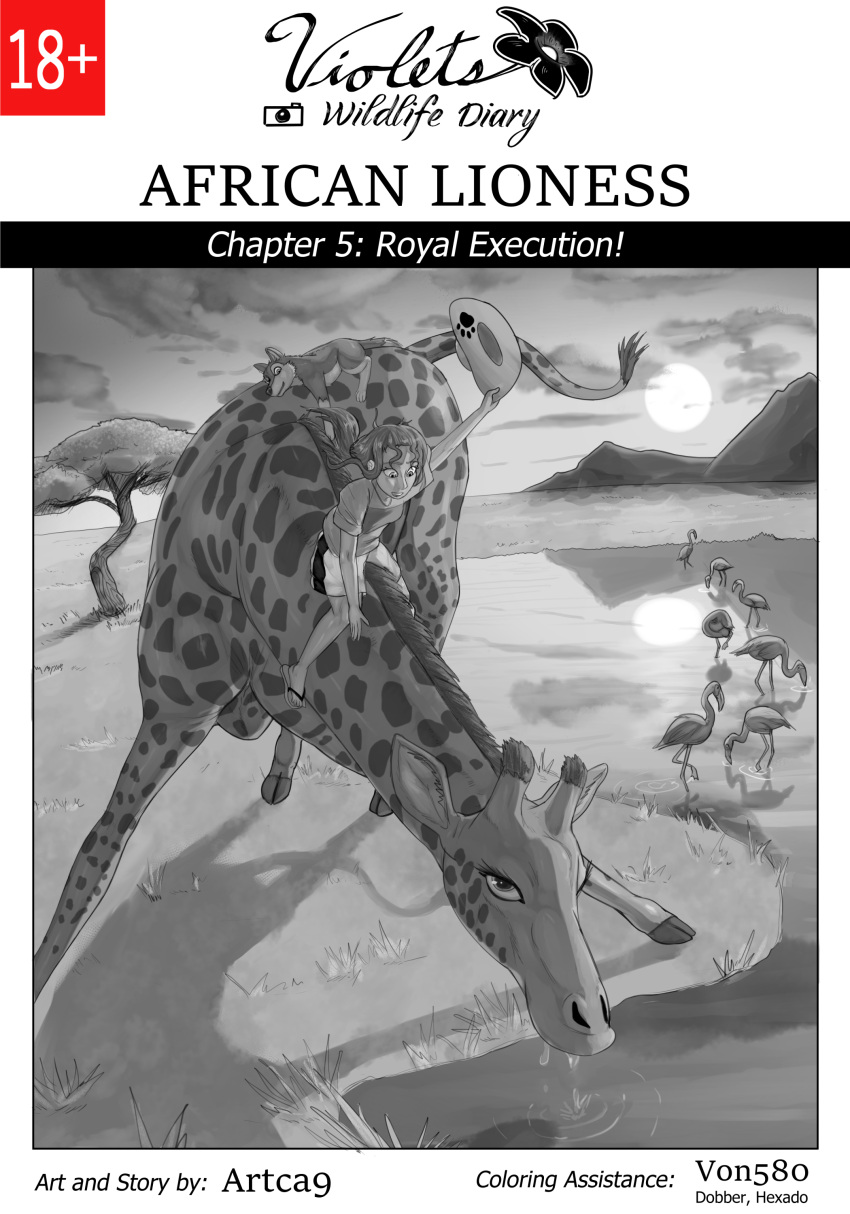 18+_adults_only_sign 2022 2_horns 4_toes 5_fingers 5_toes absurd_res africa african ambiguous_gender arm_support artca9 avian barefoot bent_over biped bird black_hooves black_spots black_text border bottomwear breasts canid canine canis clothed clothing cloud comic cover cover_art cover_page detailed_background digital_drawing_(artwork) digital_media_(artwork) digitigrade domestic_dog drinking drinking_water ear_tuft english_text exclamation_point eyebrows feathered_wings feathers feet female feral fingers flamingo fluffy fluffy_tail footwear front_view fur fur_tuft giraffe giraffid grass grey_clothing grey_markings grey_shirt grey_spots grey_topwear greyscale group hair half-closed_eyes hat headgear headwear hi_res holding_clothing holding_hat holding_headgear holding_headwear holding_object hooves horn human husky indigo_(artca9) inner_ear_fluff lake landscape larger_ambiguous larger_feral light long_hair long_snout looking_at_another looking_down looking_up lying mammal markings monochrome mountain multicolored_body multicolored_fur narrowed_eyes neck_tuft nordic_sled_dog number on_front on_neck outside partially_submerged paws plant ponytail quadruped raised_arm raised_leg reflection riding ripple sandals shaded shirt shorts side_view sitting size_difference sky smaller_ambiguous smaller_female smaller_feral smaller_human snout spitz spots spotted_body spotted_fur standing sun sunlight tail tail_tuft text three-quarter_view toes topwear tree tuft two_tone_body two_tone_fur violet_(artca9) water water_drip water_drop water_drops wet white_border white_bottomwear white_clothing white_markings white_paws white_shorts white_text wide_eyed wings
