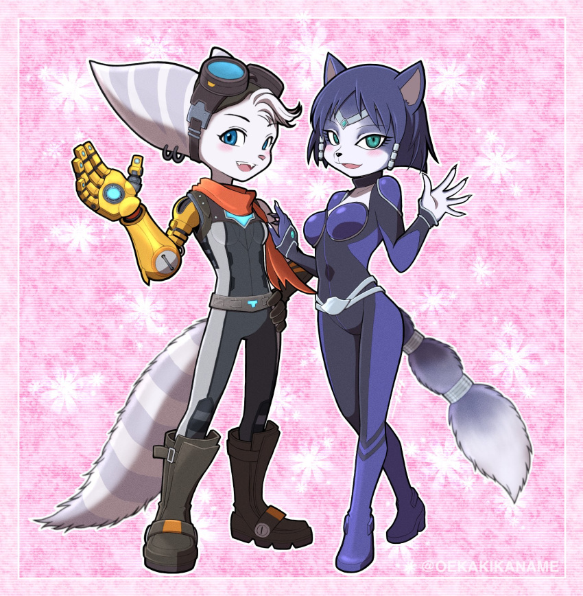 anthro blue_eyes blush breasts canid canine clothed clothing crossover cute_expression duo eyewear female female/female fluffy fluffy_tail fox gesture goggles green_eyes hi_res insomniac_games kemono krystal lombax looking_at_viewer mammal nintendo open_mouth pose prosthetic prosthetic_arm prosthetic_limb ratchet_and_clank rivet_(ratchet_and_clank) scarf sony_corporation sony_interactive_entertainment standing star_fox tail tight_clothing waving waving_at_viewer